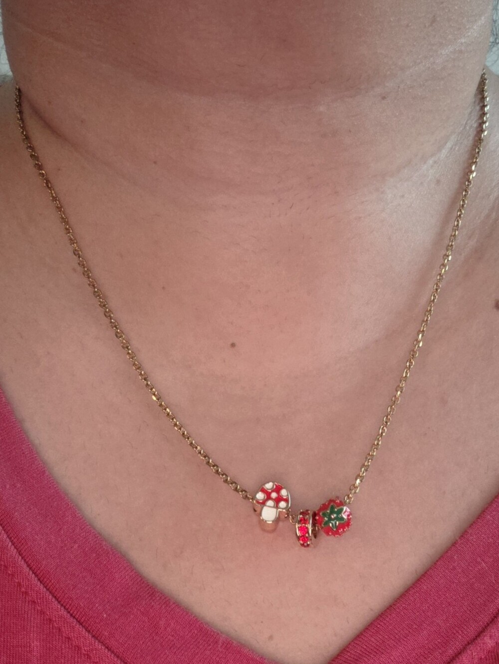Gold-Tone Necklace with Red Enamel Mushroom & Strawberry Charms